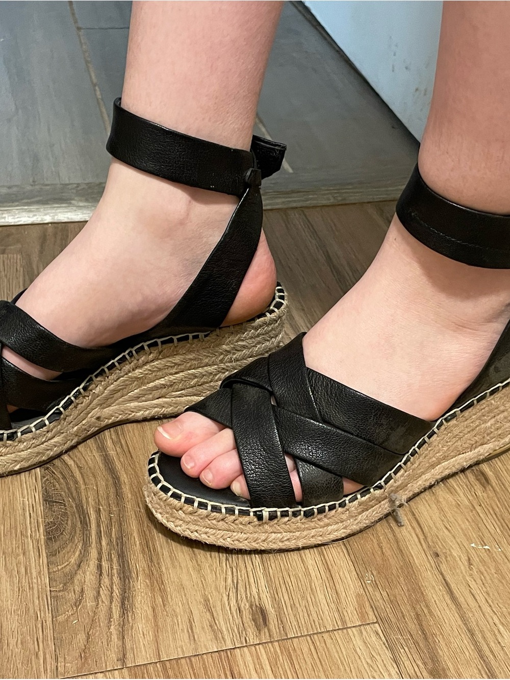 Franco Sarto Black Leather Espadrille Wedge Sandals with Ankle Strap
